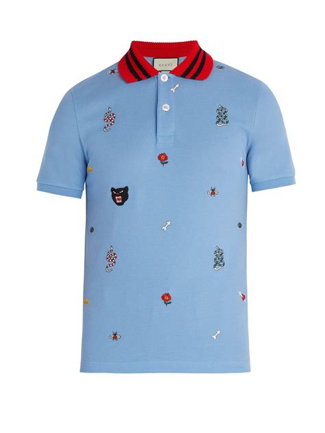 gucci men's blue cotton jersey polo golf shirt|Gucci bee embroidered polo shirt.